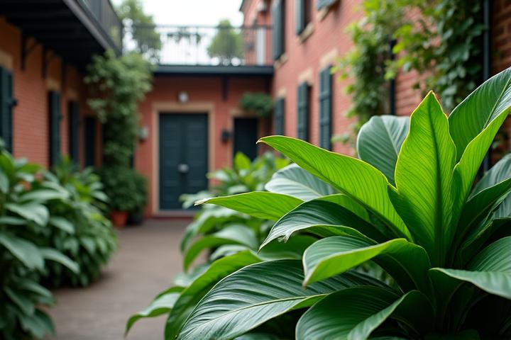 A serene New Orleans garden with lush greenery and subtle historic architecture in the background.
