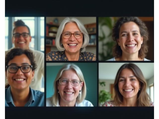 Diverse group of adults smiling and interacting in an online video call grid, symbolizing community support.