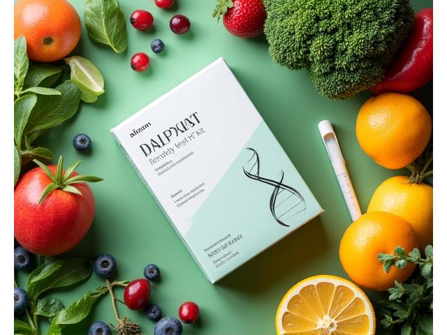 A DNA test kit laid out with fresh, healthy ingredients like fruits and vegetables, symbolizing personalized nutrition.